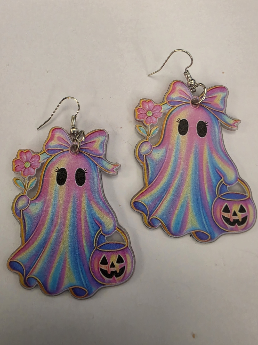 Holographic Rainbow Ghost Earrings with Bow & Pumpkin